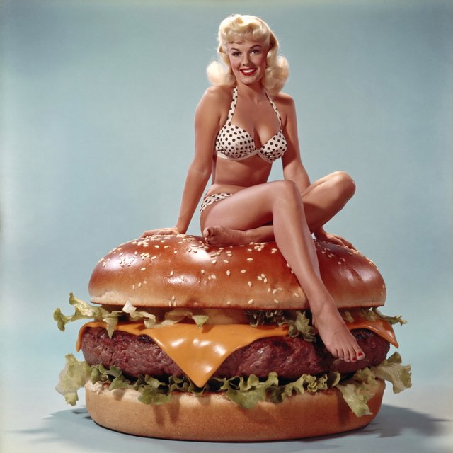 A 1950s pin-up-style photo of a bikini-clad woman sitting on a giant hamburger. — ImagineArt 2