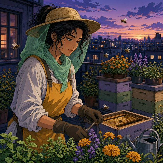 Cel-shaded anime illustration of an adult rooftop beekeeper tending lively hives among marigolds and herbs at dusk, with bees drifting past distant windows. Palette of saffron, violet, mint, and midnight blue, crisp contours and gentle gradients. — Grok Imagine Image 2
