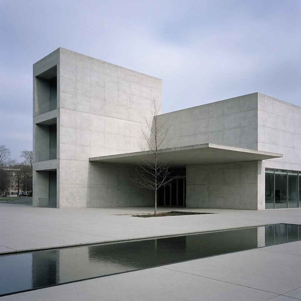Exterior of a compact brutalist art museum, pale board-formed concrete, deep rectangular window recesses, a broad cantilevered entrance canopy, low reflecting pool, overcast afternoon light, viewed from a quiet plaza at eye level, crisp orthogonal architectural photography. — Krea 2 Medium