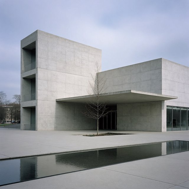 Exterior of a compact brutalist art museum, pale board-formed concrete, deep rectangular window recesses, a broad cantilevered entrance canopy, low reflecting pool, overcast afternoon light, viewed from a quiet plaza at eye level, crisp orthogonal architectural photography. — Krea 2 Medium