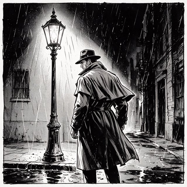 Comic panel of a detective in a trench coat under a streetlamp in the rain, bold ink, halftone shading, no speech bubbles. — Seedream 5.0 Pro