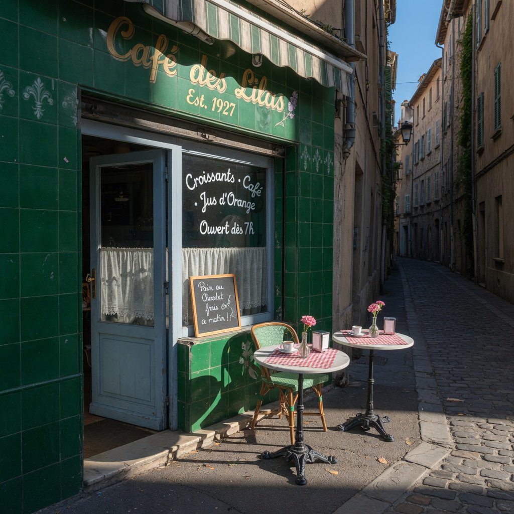 A tiny corner café in a narrow European street, green tiled facade, two bistro tables, morning light, no people. — Grok Imagine Image Quality