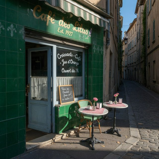 A tiny corner café in a narrow European street, green tiled facade, two bistro tables, morning light, no people. — Grok Imagine Image Quality