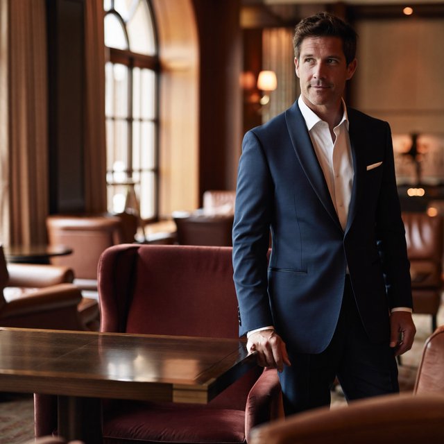 Editorial glamour photograph of an adult man in a midnight-blue tuxedo, standing naturally beside a velvet chair in a quiet hotel lounge, flattering amber window light, relaxed expression, polished magazine composition. — ImagineArt 2