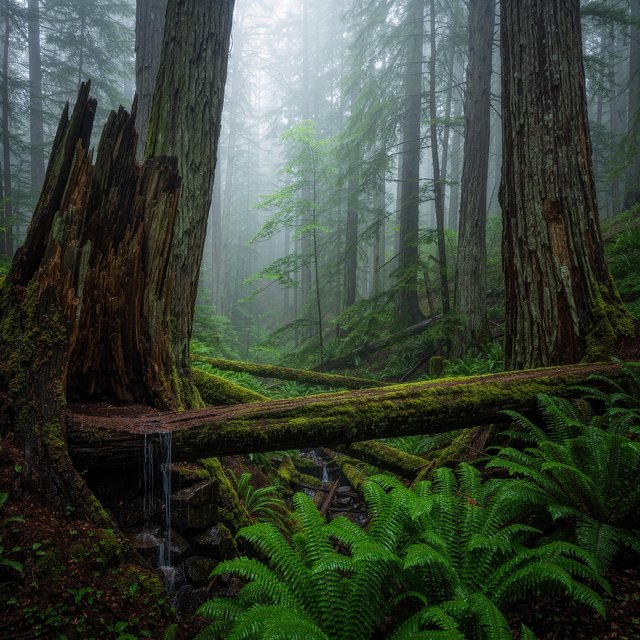 Between cedar trunks, a moss-covered fallen giant bridges a fern-filled ravine in steady dawn drizzle; shredded bark, rain-dark lichen, and tiny rivulets stand crisp nearby while successive trees dissolve into green mist. — Kling v3 Omni