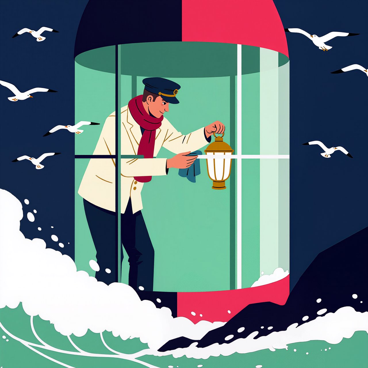 Flat-vector illustration of an adult lighthouse keeper polishing a brass lantern in a windswept tower, gulls circling beyond the glass and foam tracing black rocks below. Palette of sea-glass green, cream, vermilion, and navy. — Kling v3