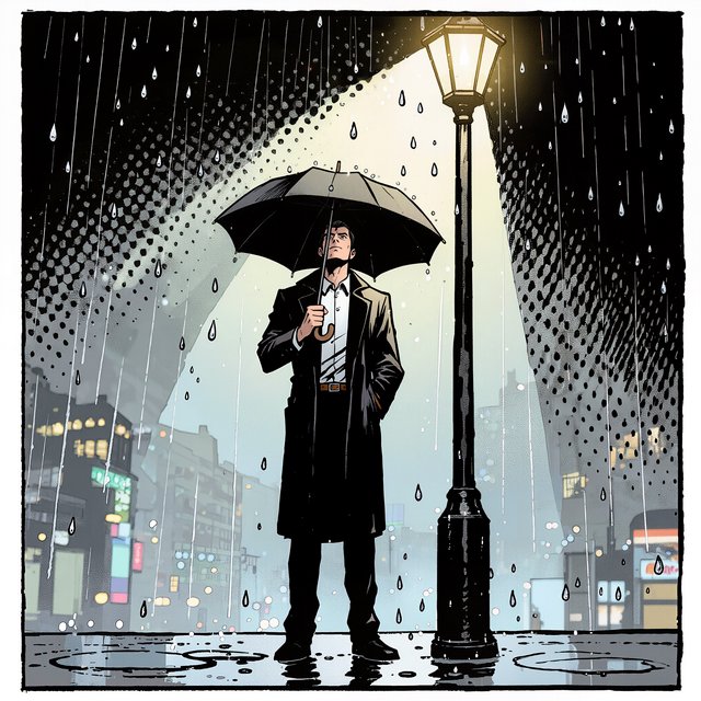 Comic panel of a detective in a trench coat under a streetlamp in the rain, bold ink, halftone shading, no speech bubbles. — Kling v3