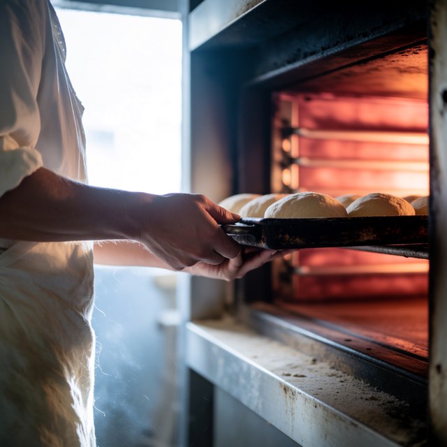 Candid documentary photograph of an adult baker sliding a tray of bread into a neighborhood bakery oven, warm oven glow mixing with gray dawn window light, 35mm lens with moderate depth of field, flour dust suspended above the workbench. — Krea 2 Medium