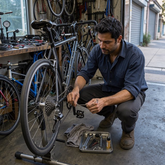 Candid documentary photograph of an adult repairing a bicycle at a quiet curbside workshop, cool morning window light, 50mm lens with shallow depth of field, grease smudges on their fingertips. — FLUX 3 Image