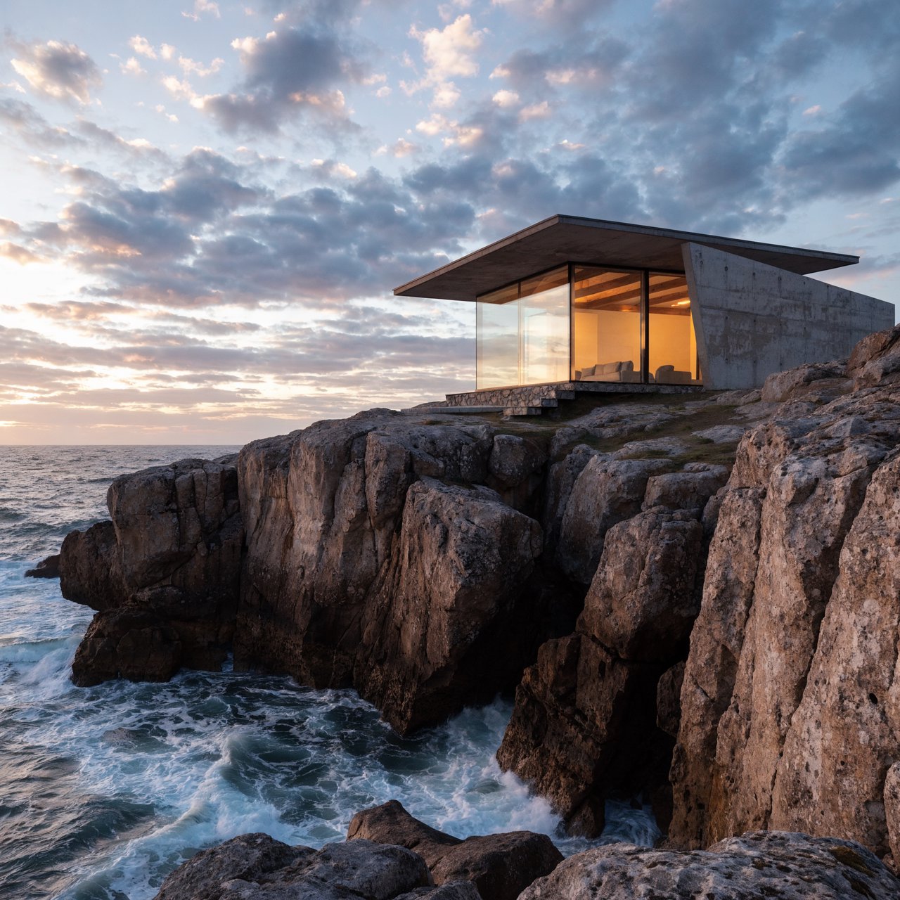 Exterior of a small concrete-and-glass house on a cliff above the sea, dusk, interior lights on, architectural photography. — Recraft v4 Pro
