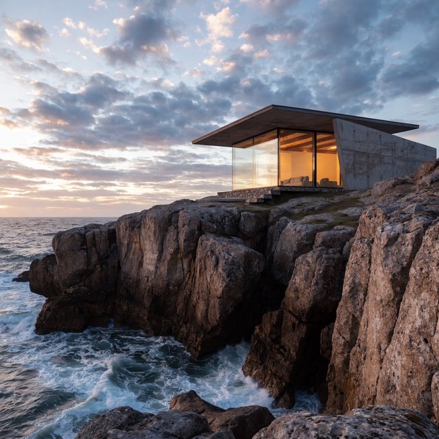 Exterior of a small concrete-and-glass house on a cliff above the sea, dusk, interior lights on, architectural photography. — Recraft v4 Pro
