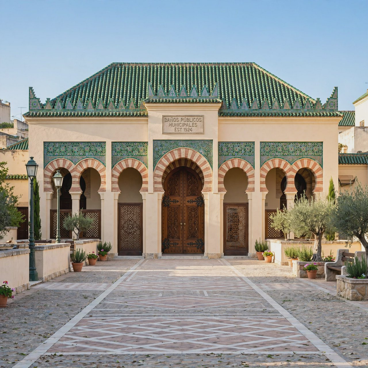 Exterior of a Moorish Revival municipal bathhouse, pale buff stucco, striped brick arches, green glazed tile roof and carved cedar doors; clear morning light, viewed across a paved courtyard, with coherent structure and crisp lines. — Muse Image 1.0