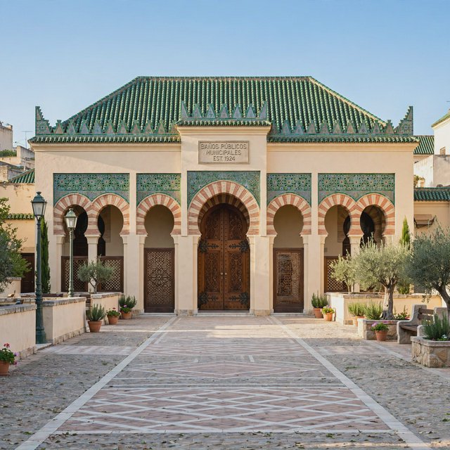 Exterior of a Moorish Revival municipal bathhouse, pale buff stucco, striped brick arches, green glazed tile roof and carved cedar doors; clear morning light, viewed across a paved courtyard, with coherent structure and crisp lines. — Muse Image 1.0