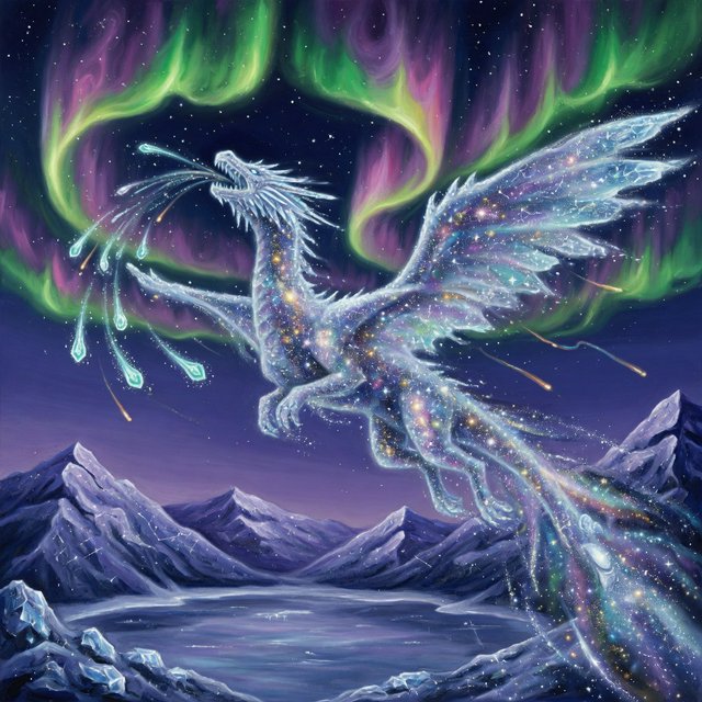 A majestic dragon made of pure starlight and frozen cosmic dust, soaring through a celestial winter landscape. Its scales shimmer with the light of a thousand galaxies, and its breath is a trail of icy comets. The background features swirling aurora borealis over a frozen, mountainous terrain. The style is a blend of painterly fantasy art and surrealism. — Grok Imagine Image Quality