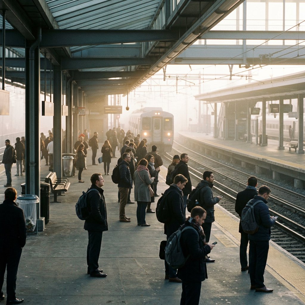 Across a broad station platform, adult commuters wait in loose clusters as a train approaches through pale dawn haze. A real-world press photograph uses a 135mm lens and deep focus; fine brake dust hangs in the sunlit air. — Nano Banana 2.1