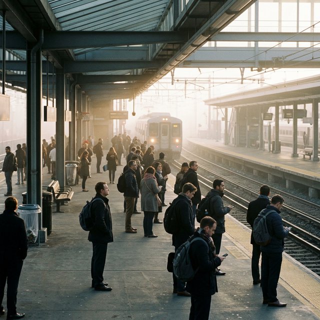 Across a broad station platform, adult commuters wait in loose clusters as a train approaches through pale dawn haze. A real-world press photograph uses a 135mm lens and deep focus; fine brake dust hangs in the sunlit air. — Nano Banana 2.1
