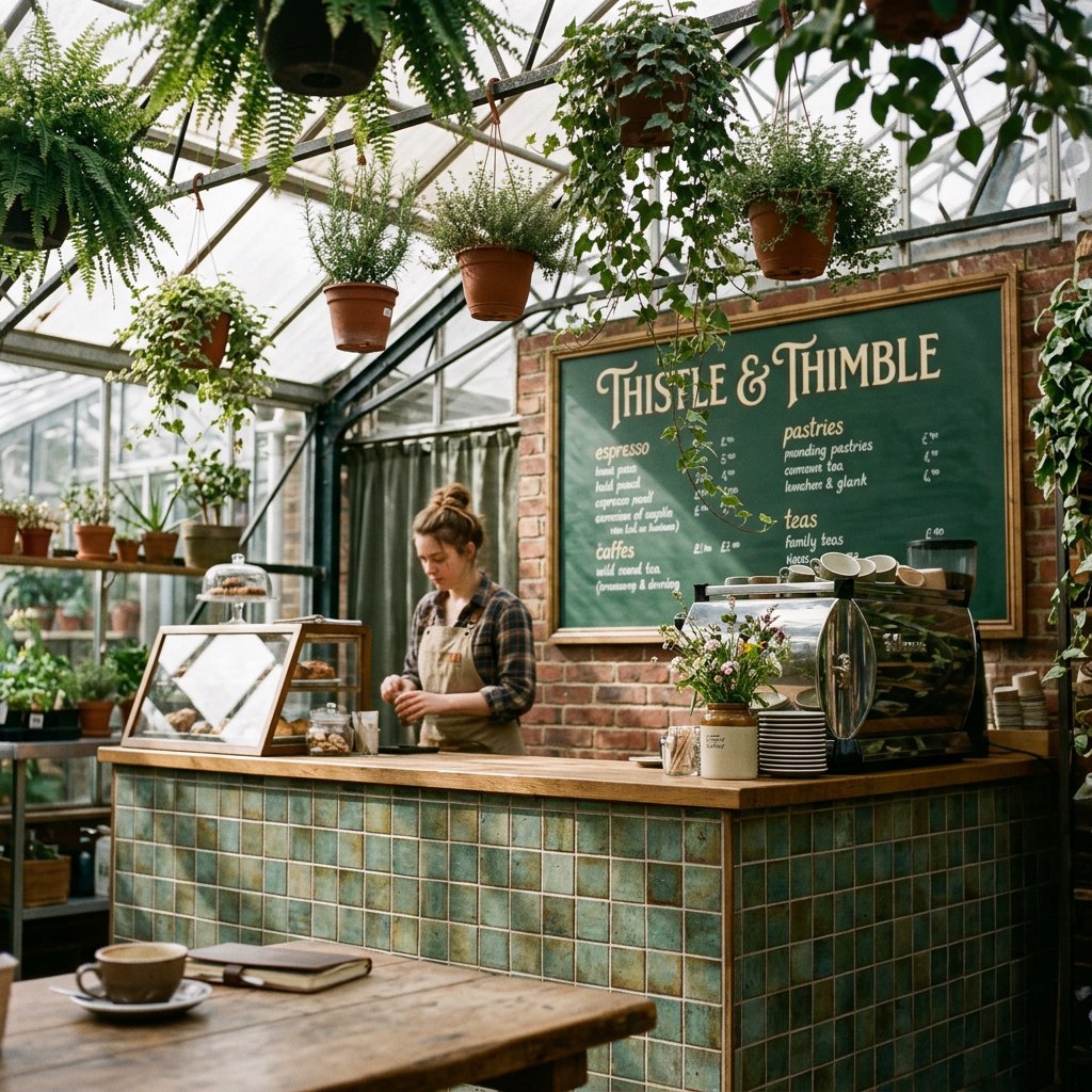 At a neighborhood greenhouse café, sunlight filters through hanging herbs above a tiled counter; "THISTLE & THIMBLE" is painted in hand-lettered cream script across a deep green wooden menu board. — Nano Banana 2.1