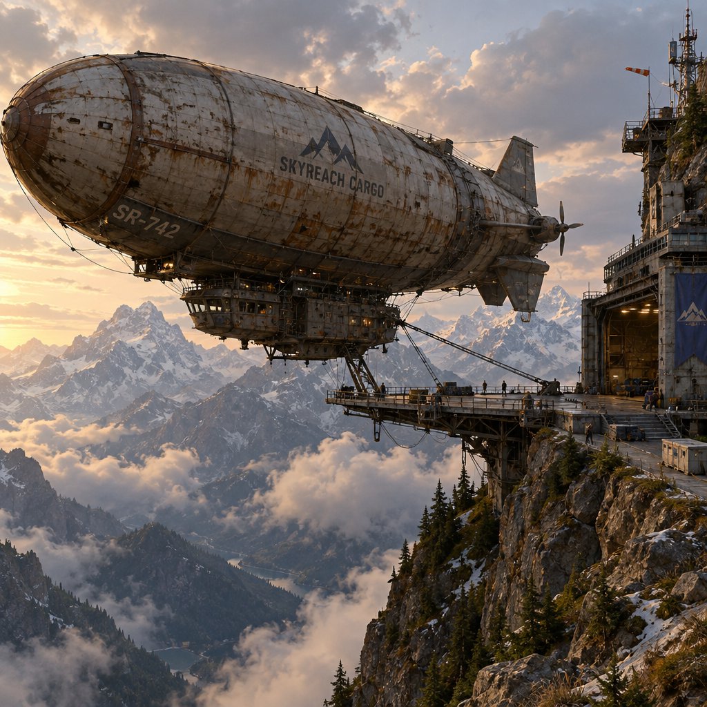 Concept art of a weathered cargo airship docking at a mountaintop station, crew tiny for scale, late afternoon light. — GPT Image 2.5 Flare