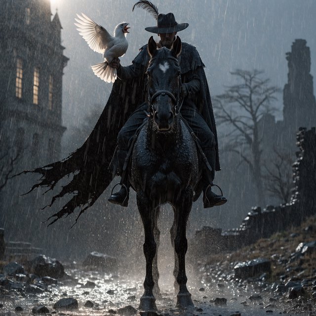 A man riding a horse, holding a screaming chicken, in dark gothic fantasy. — Model 19