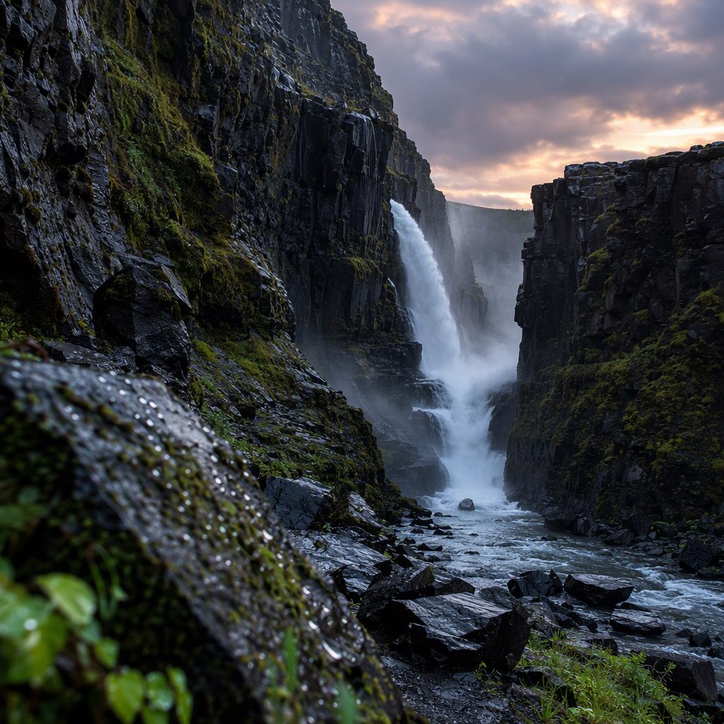 After a passing squall, a waterfall drops through a narrow basalt gorge at dusk, its white plume breaking against dark ledges; rain-beaded moss and sharp foreground stones lead toward cliffs fading behind drifting spray. — GPT Image 2