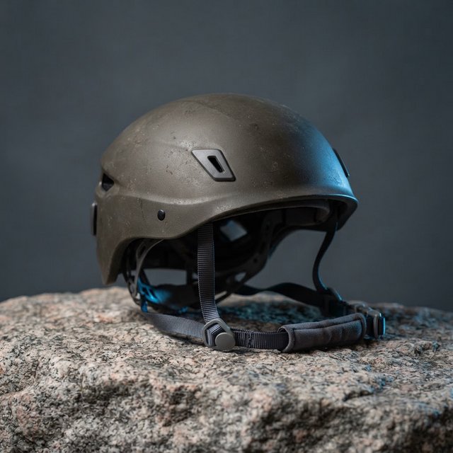Against a muted slate backdrop, an unbranded climbing helmet with a matte recycled-polymer shell and woven nylon straps rests on rough granite; broad diffused key light and a cool rim light shape this commercial product image, with no lettering. — Nano Banana 2 Lite