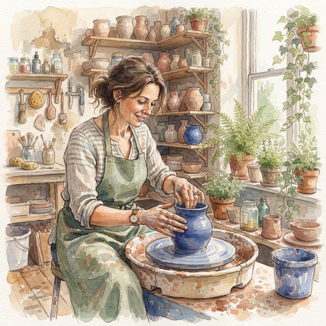 Watercolour illustration of an adult ceramicist shaping a blue-glazed vessel in a sunlit workshop, shelves of unfinished pottery and leafy plants softened by loose brushwork. Palette of terracotta, indigo, warm cream, and sage. — Nano Banana 2 Lite