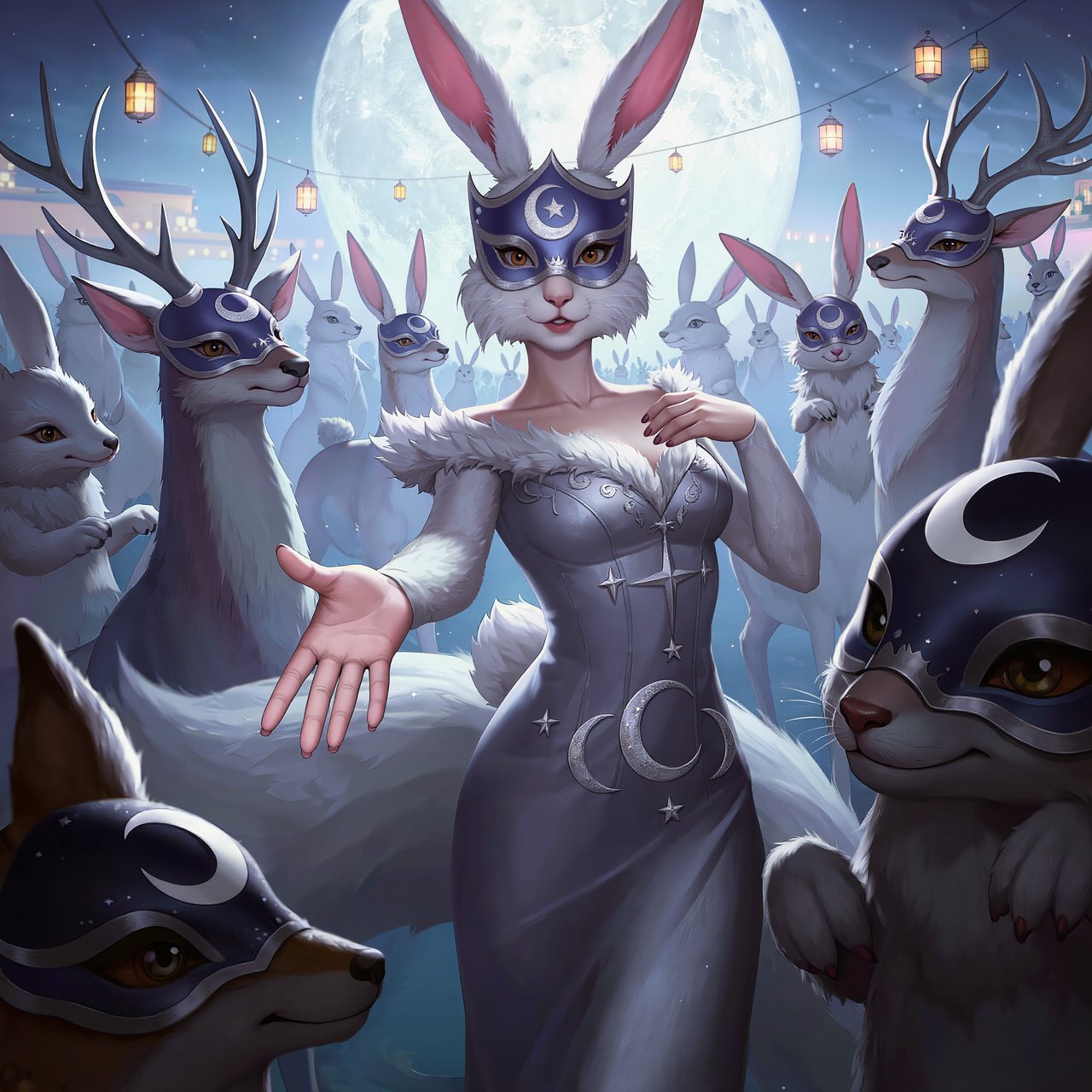 Create the most glamorous and mysterious midnight masked-ball scene, where various alluring anthropomorphic animals, such as foxes, deer, and rabbits, pose and dance under the moon. They wear moon-themed masks. In the middle foreground stands the most exquisite, alluring human-rabbit hybrid, with long white rabbit ears, a pulchritudinous East Asian face, an hourglass figure, rabbit-fur features, and human skin blended aesthetically. She wears the most exquisite silk dress with moon patterns and cross-star embroidery. She poses in a beckoning gesture, inviting the viewer to be her dance partner at the masquerade. No speech. — Kling v3