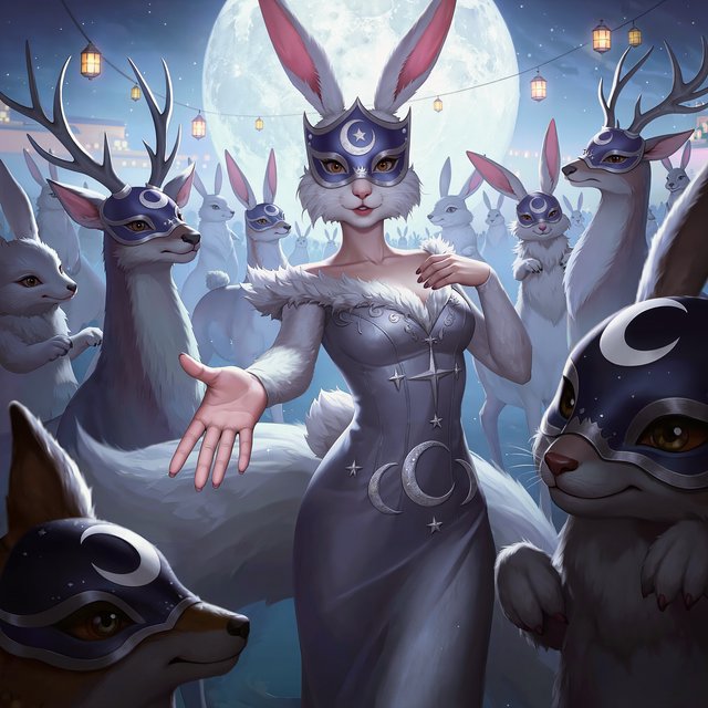 Create the most glamorous and mysterious midnight masked-ball scene, where various alluring anthropomorphic animals, such as foxes, deer, and rabbits, pose and dance under the moon. They wear moon-themed masks. In the middle foreground stands the most exquisite, alluring human-rabbit hybrid, with long white rabbit ears, a pulchritudinous East Asian face, an hourglass figure, rabbit-fur features, and human skin blended aesthetically. She wears the most exquisite silk dress with moon patterns and cross-star embroidery. She poses in a beckoning gesture, inviting the viewer to be her dance partner at the masquerade. No speech. — Kling v3