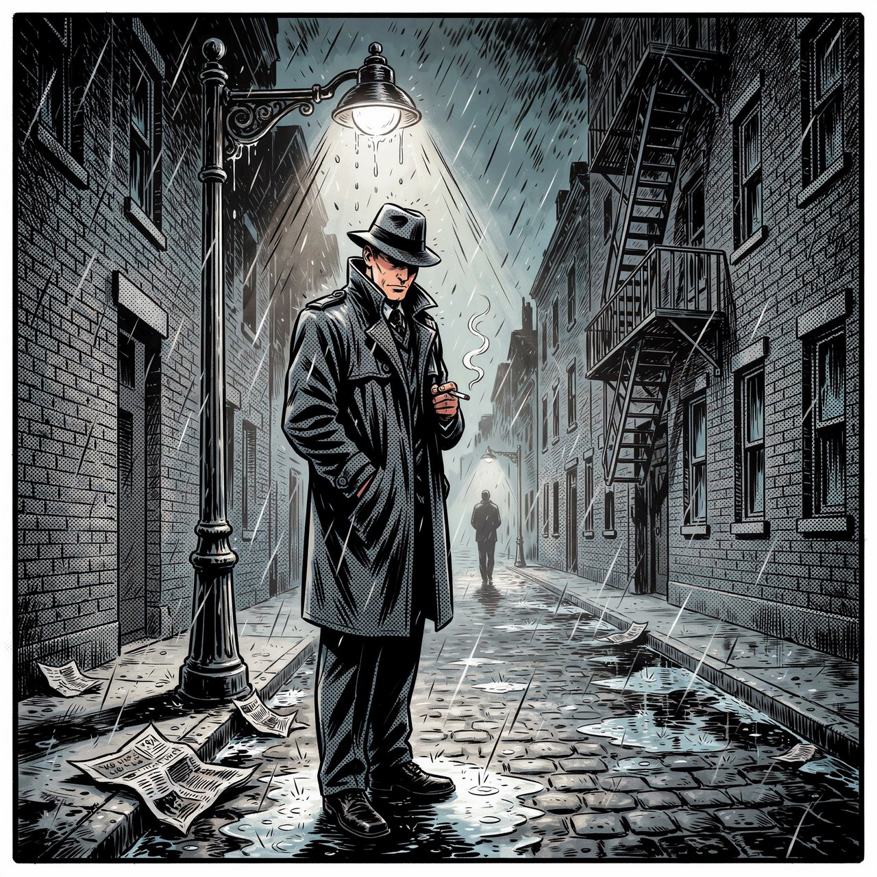 Comic panel of a detective in a trench coat under a streetlamp in the rain, bold ink, halftone shading, no speech bubbles. — Ideogram v4