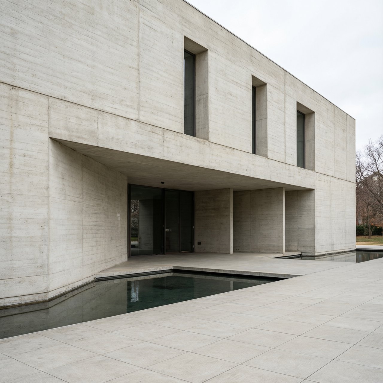 Exterior of a compact brutalist art museum, pale board-formed concrete, deep rectangular window recesses, a broad cantilevered entrance canopy, low reflecting pool, overcast afternoon light, viewed from a quiet plaza at eye level, crisp orthogonal architectural photography. — Qwen Image 3.0 Pro