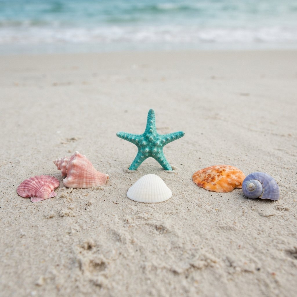 Exactly five seashells lie on pale sand: two pink shells on the left, one white shell in the center, and two orange shells on the right. A turquoise starfish sits above the center shell, nothing else. — Nano Banana 2 Lite
