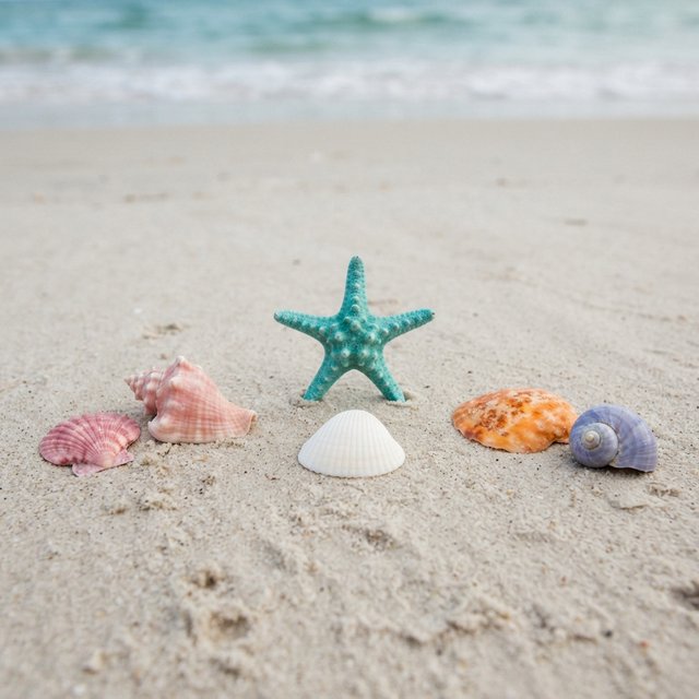 Exactly five seashells lie on pale sand: two pink shells on the left, one white shell in the center, and two orange shells on the right. A turquoise starfish sits above the center shell, nothing else. — Nano Banana 2 Lite