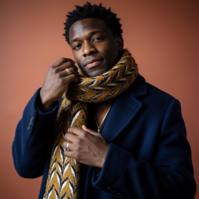Editorial portrait of an adult Black man in his 30s wearing a deep navy wool overcoat and mustard scarf, fingers adjusting the scarf, thoughtful expression, muted terracotta studio backdrop, crisp cool window light. — Krea 2 Medium