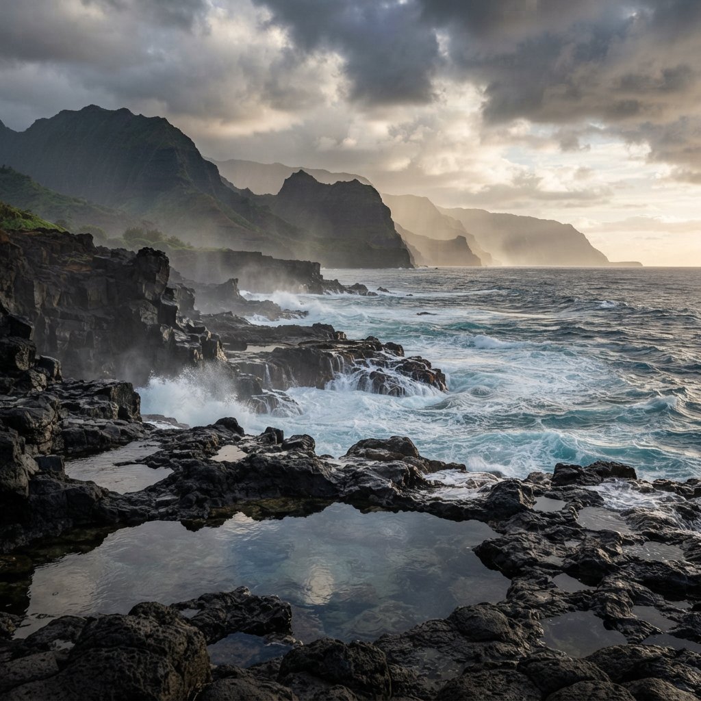 A rugged volcanic coastline under clearing storm clouds at late afternoon, black basalt shelves descending into turquoise surf, sea spray clinging to jagged rocks, tide pools reflecting distant cliffs and layered mountains fading into rain haze. — Nano Banana 2 Lite