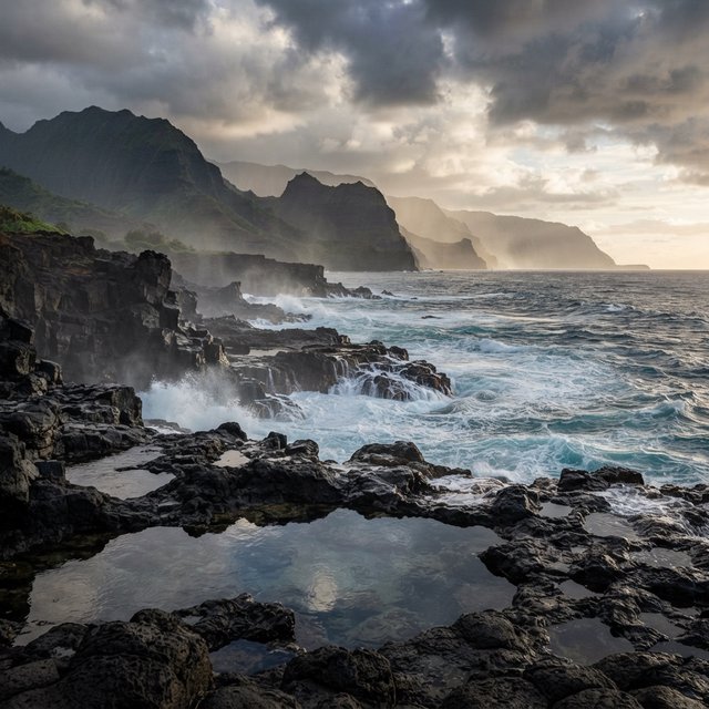 A rugged volcanic coastline under clearing storm clouds at late afternoon, black basalt shelves descending into turquoise surf, sea spray clinging to jagged rocks, tide pools reflecting distant cliffs and layered mountains fading into rain haze. — Nano Banana 2 Lite