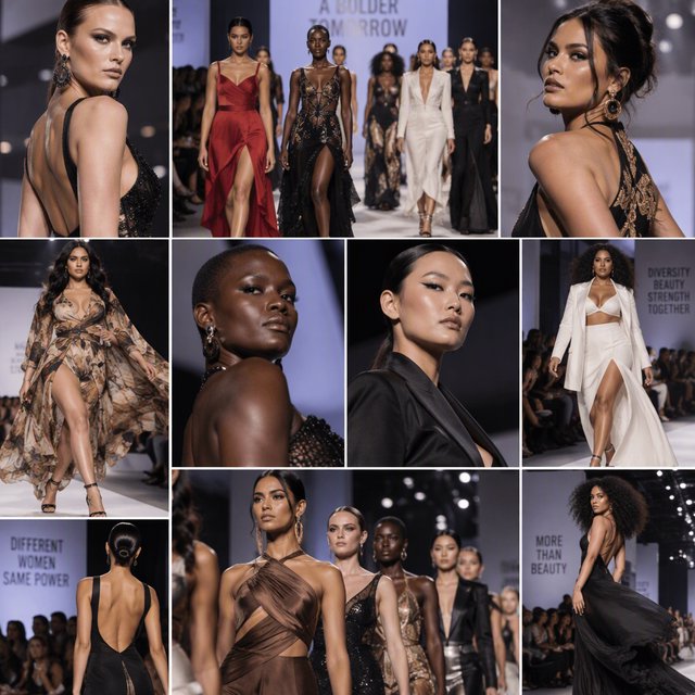 Adult female fashion models on the runway. There are models of all races: white, Black, Asian, Mexican, Indian, mixed race, etc. The vibe is cool and fierce. Many angles. — GPT Image 2.5 Sunburst