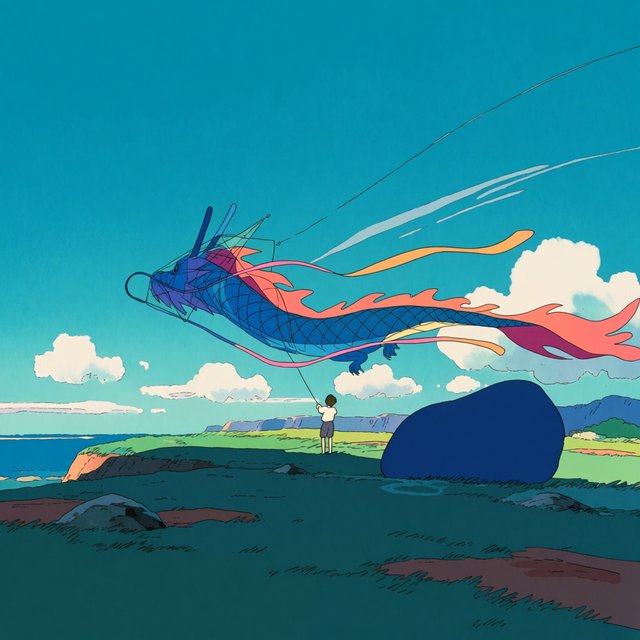 Cel-shaded anime illustration of an adult kite maker testing a vast translucent dragon-shaped kite on a windy coastal bluff, ribbons streaming above wild grasses and distant cliffs. Palette of coral, turquoise, butter yellow, and deep blue, with clean contours and a luminous sky. — Krea 2 Medium