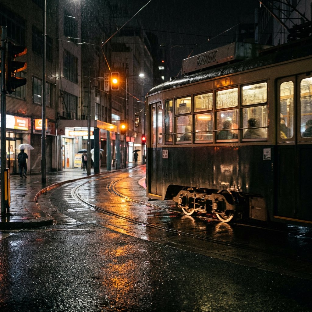 At a rain-darkened intersection, a tram grinds through a curve, its steel wheels shining beneath amber signal glow. A street-level news photo, shot on a 35mm lens with moderate depth of field, catches beads of water on the windows and slight wheel blur. — Nano Banana 2.1