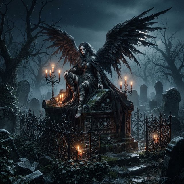 A majestic fallen angel with wings like a dark, tattered cloak, poses dramatically on a crumbling, Victorian-era inspired graveyard tomb, surrounded by twisted, black ironwork and flickering, orange candelabras, as if plucked from a haunting, nightmare. — Nano Banana 2 Lite