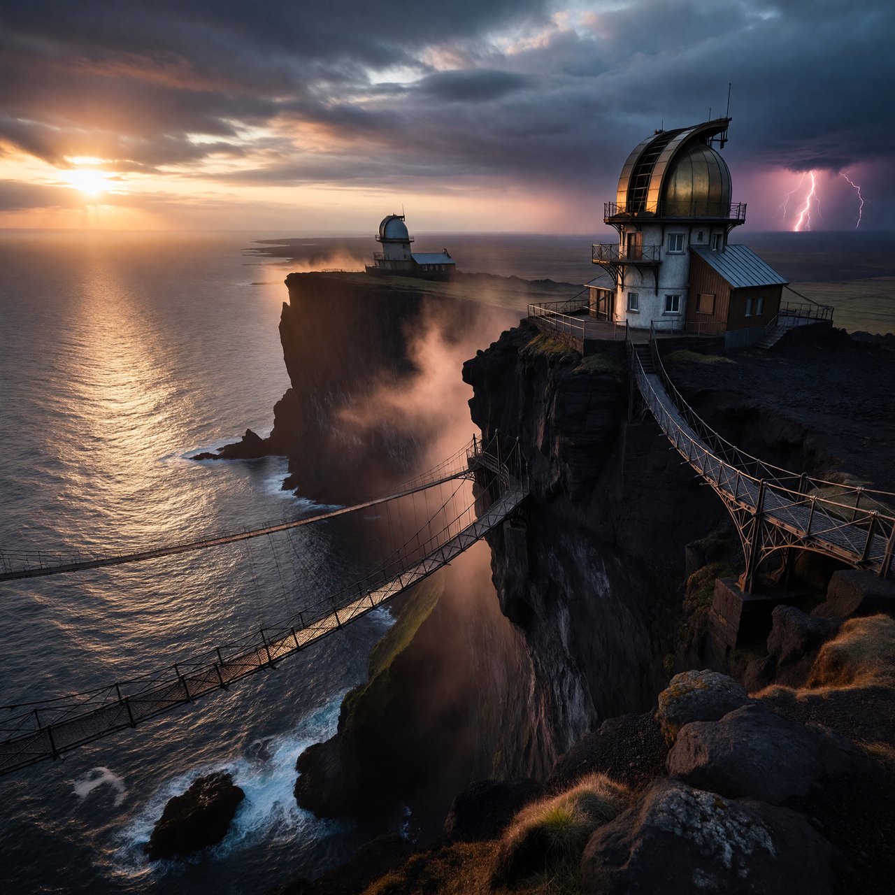 A wind-carved observatory crowns black cliffs above a silver inland sea, its open brass domes catching the last rose light. Salt mist drifts through suspended bridges as distant storms flicker beyond the horizon. — ImagineArt 1.5 Pro