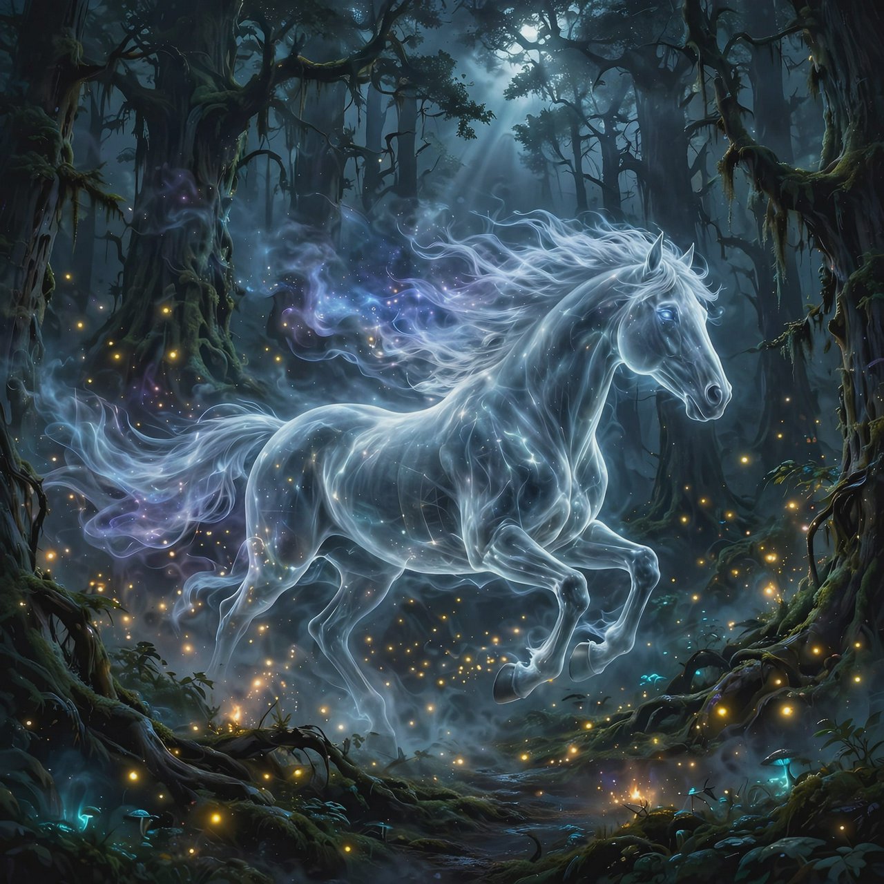 A majestic horse with a spectral mane and tail gallops through an enchanted, moonlit forest. Glimmering fireflies illuminate the path, casting an ethereal glow on ancient trees. The horse appears translucent, as if it's a phantom from another realm. The style is digital art, with surrealism and cinematic lighting to enhance the mysterious atmosphere — Muse Image 1.0