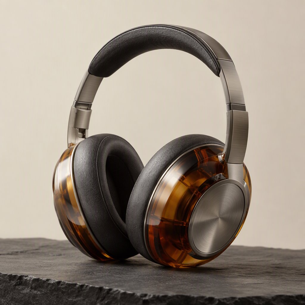 Commercial product photograph of unbranded over-ear headphones crafted from translucent amber resin and brushed titanium, resting on a dark slate surface against a muted cream background, lit by a broad diffused softbox and a delicate rim light. — GPT Image 2.5 Sunburst