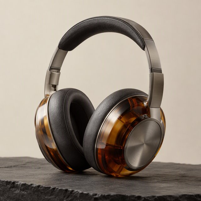 Commercial product photograph of unbranded over-ear headphones crafted from translucent amber resin and brushed titanium, resting on a dark slate surface against a muted cream background, lit by a broad diffused softbox and a delicate rim light. — GPT Image 2.5 Sunburst