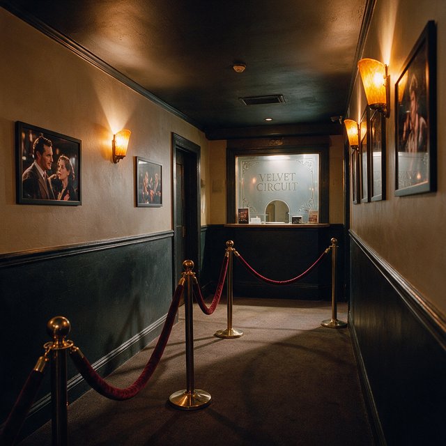 A narrow neighborhood cinema lobby glows with amber sconces, velvet ropes, and framed film stills; "VELVET CIRCUIT" is etched in elegant silver lettering across the frosted glass ticket-booth window. — Seedream 5.0 Pro