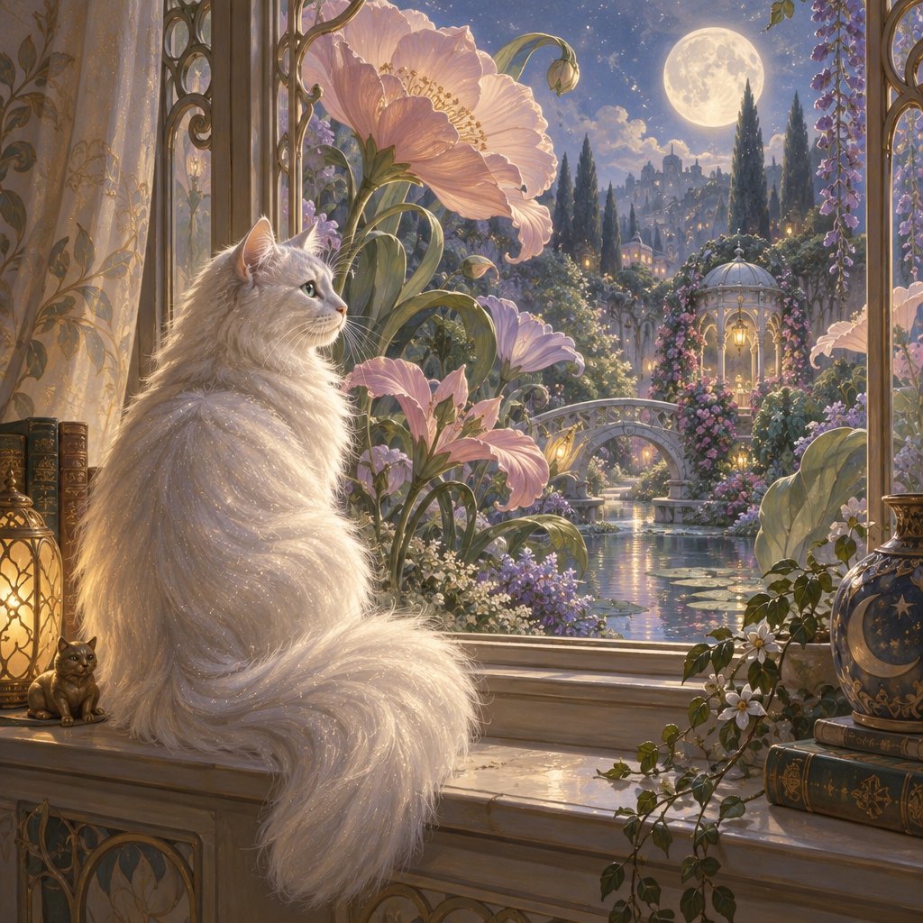 A whimsical cat with fur like spun moonlight sits on a windowsill overlooking a dreamlike garden. The garden is filled with oversized, fantastical flowers rendered in a soft, painterly style, with elements of Art Nouveau curves in the plant designs. The overall mood is serene and enchanting. — GPT Image 2.5 Sunburst