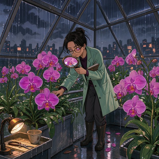 Rain beads on a rooftop greenhouse as an adult botanist studies luminous night-blooming orchids beneath glass panes; cel-shaded anime illustration in digital paint, palette of jade, magenta, indigo, and warm amber. — FLUX 3 Image Klein