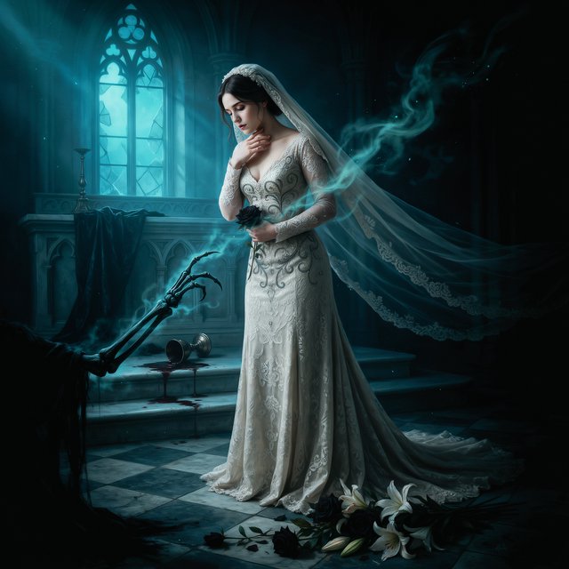Baroque-style digital dark fantasy and cinematic Gothic horror; painterly realism, chiaroscuro à la Caravaggio; cool color palette of blues and turquoises, deep black shadows; swirling magical smoke, dynamic diagonal composition; intricate lace fabrics, detailed skin and creature textures; volumetric lighting, elegant, fluid movement; fantasy book cover illustration; dramatic storytelling, atmospheric depth. Gothic bride — Ideogram v4