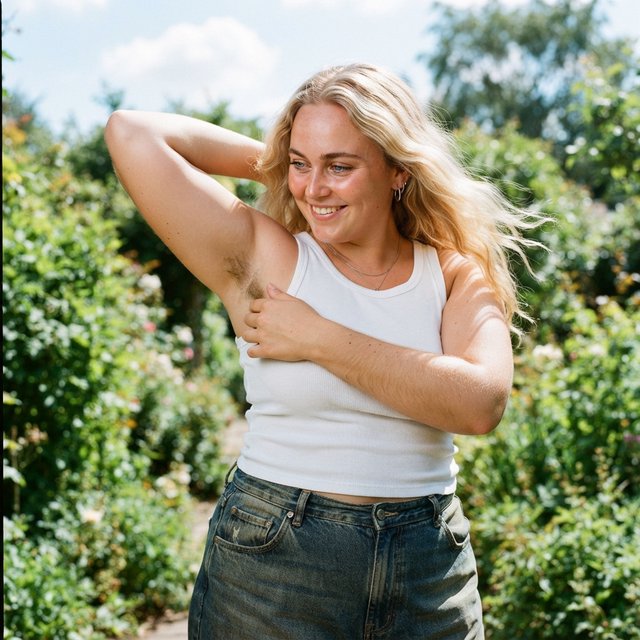 A vibrant medium shot of Cheyenne observing her armpit hair, her long blonde hair bouncing around her face, her blue eyes glimmering, and a soft smile playing on her lips. She is a 23-year-old adult with a very chubby body, a pointy nose, and thin blonde hairs on both forearms. She wears her signature white tank top and baggy shorts, standing against a backdrop of lush greenery and a sunny sky, with sunlight glimmering on her. — Nano Banana 2 Lite