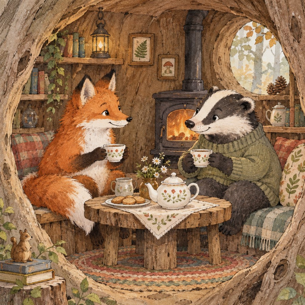 Children's book illustration of a fox and a badger sharing tea in a hollow tree, watercolour and ink, warm and gentle. — GPT Image 2.5 Sunburst