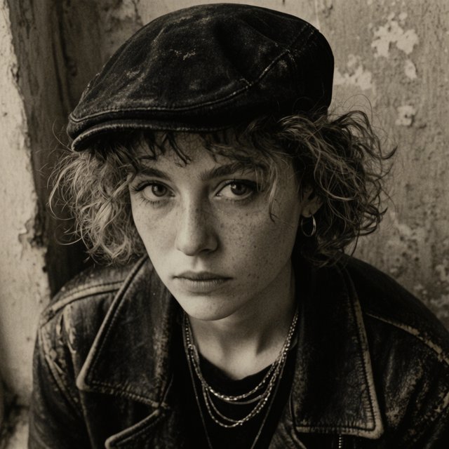 A monochrome, grainy, photorealistic medium close-up shot from a high angle: a young woman with messy, short curls, fair, freckled skin, and an intense, direct gaze into the camera. She is wearing a faded, worn-in black flat cap, a distressed vintage leather jacket over a dark undershirt, several thin silver chains, and a small hoop earring. Soft, diffused side lighting from the left casts gentle shadows across her face. In the background, a weathered wall with peeling plaster. Shallow depth of field, a moody, gritty film aesthetic, and sharp focus on the subject's eyes. — Krea 2 Large